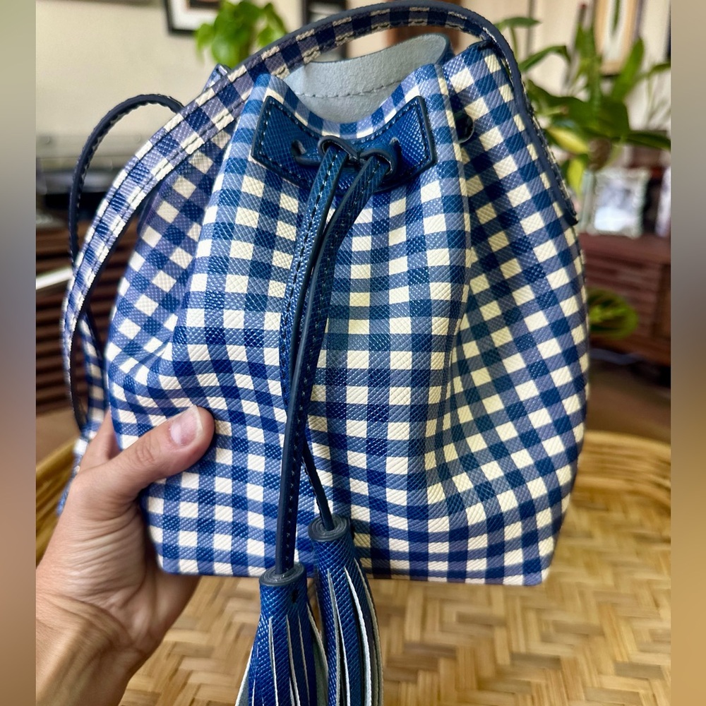 J.Crew Blue Gingham Bucket Bag with Tassel- NWT - Picture 3 of 5